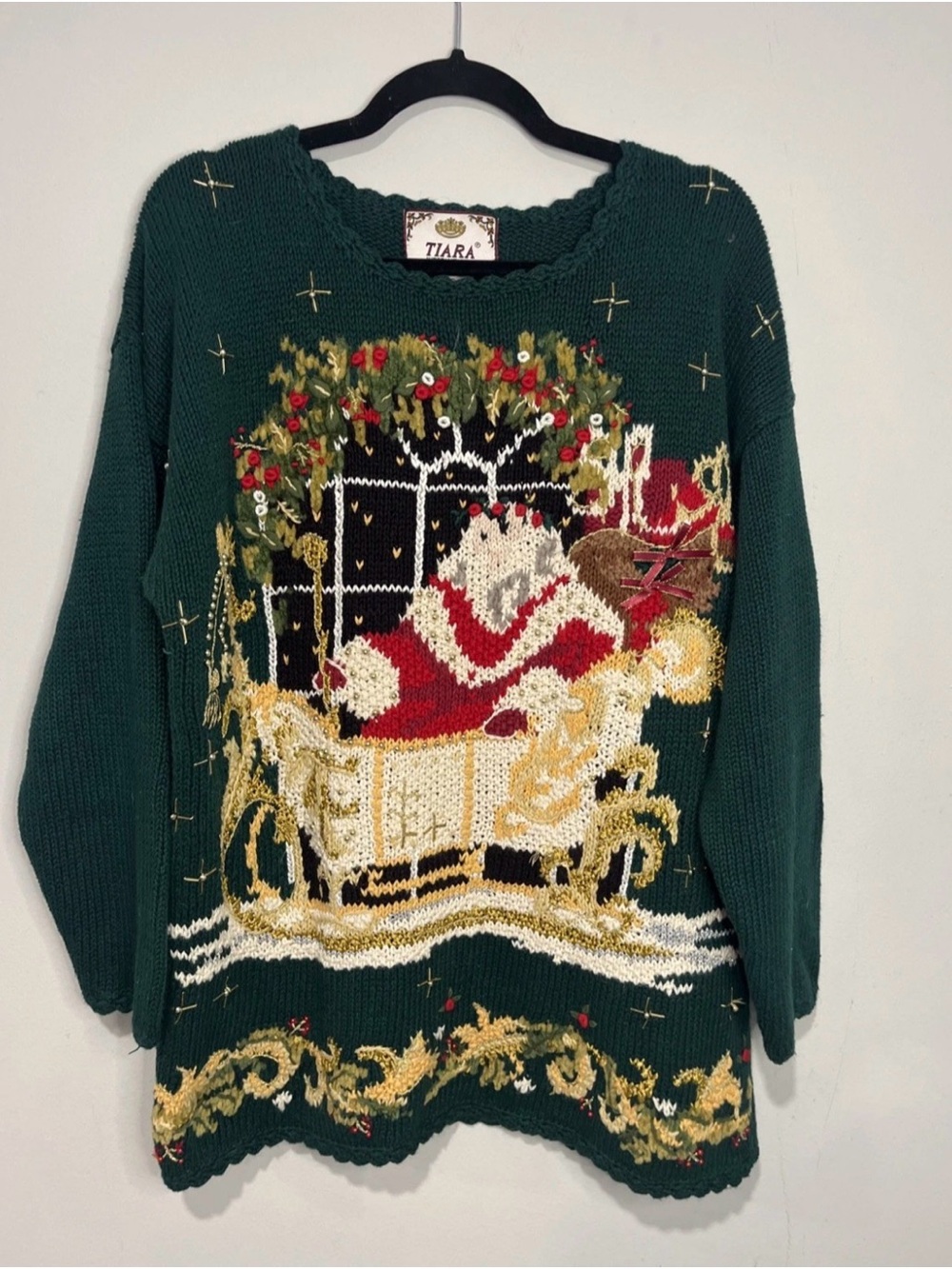 Vintage 90s Tiara International Christmas Santa Sleigh Knit Sweater 1997 Size M